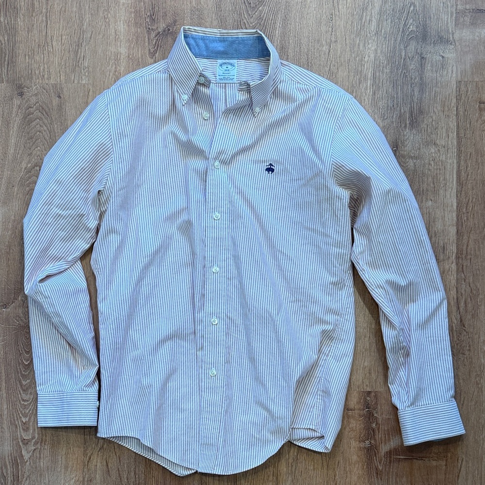 Brooks Brothers Red and White Pinstripe Button-Down Dress Shirt